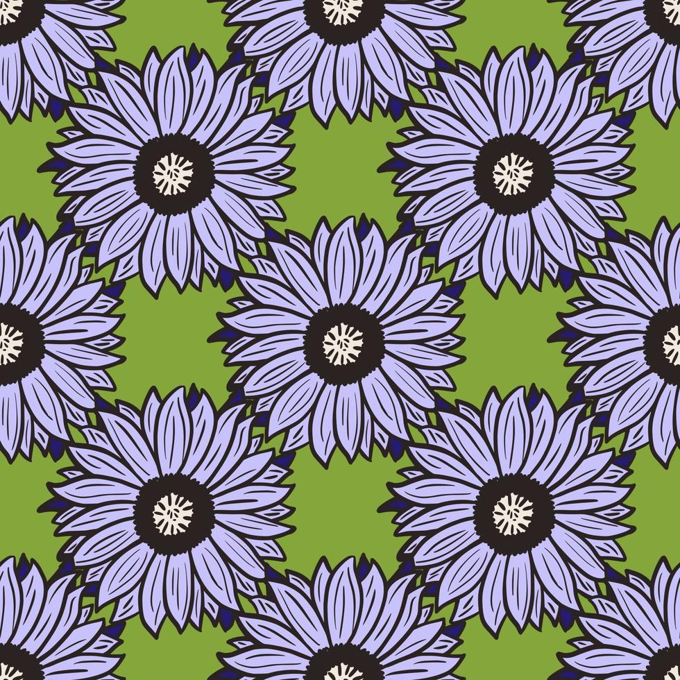 Seamless pattern sunflowers green background. Beautiful texture with purple big sunflower. vector