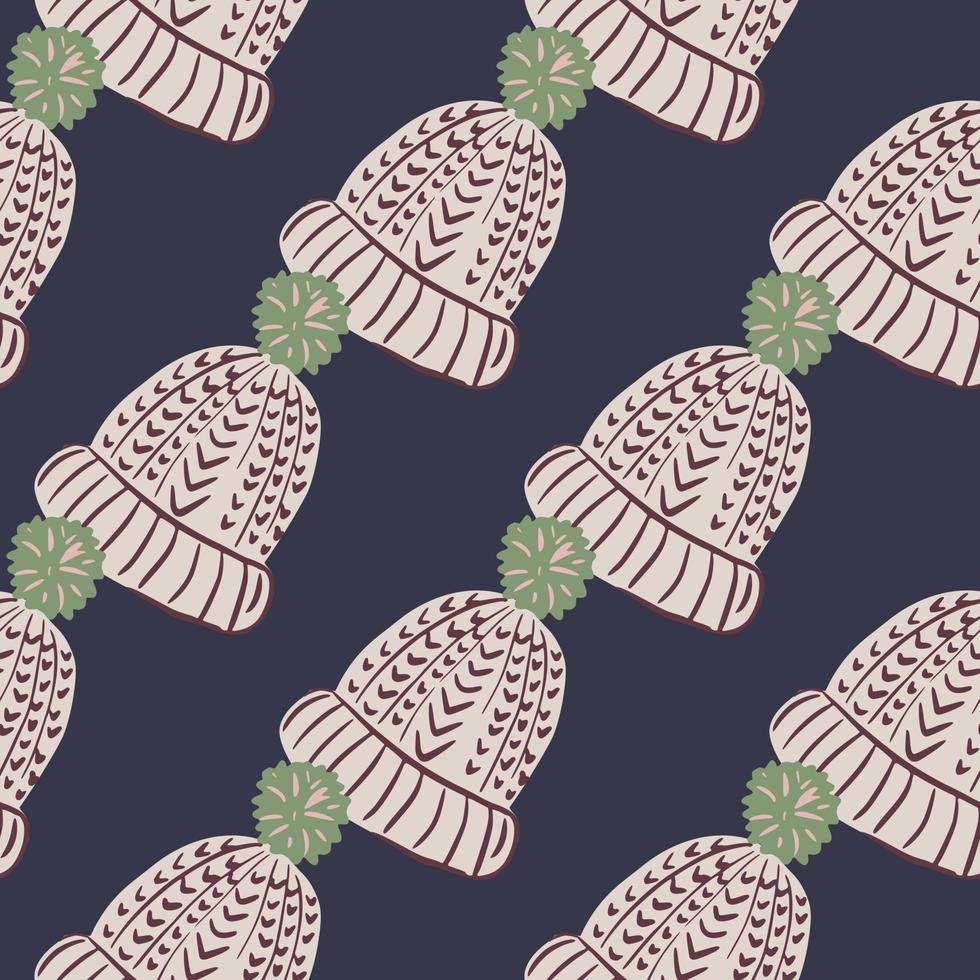 Abstract seamless pattern with cartoon pastel hat ornament. Navy blue background. vector