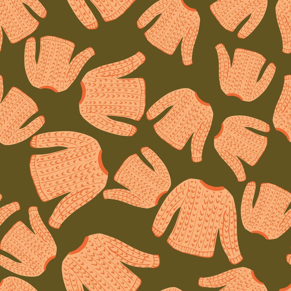 Random doodle seamless pattern with orange knitted flowers shapes. Green olive background. vector