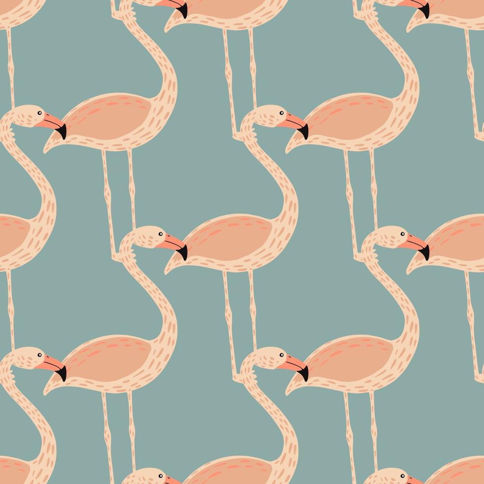 Creative hand drawn seamless pattern with pastel pink flamingo ornament. Blue pastel background. vector