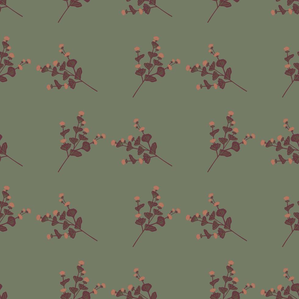 Dark pale floral seamless pattern with simple hand drawn wildflowers print. Green pale background. vector