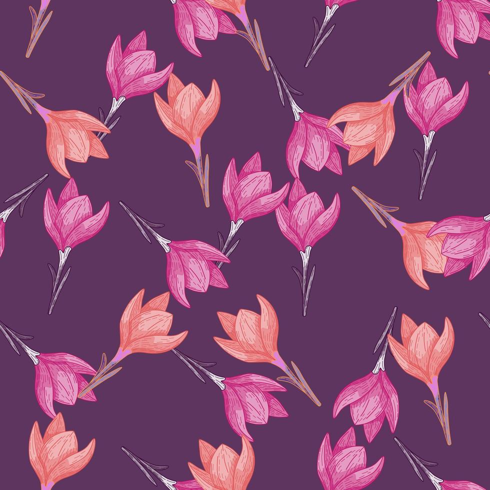 Abstract random botanic seamless pattern with purple and orange crocus flower elements print. Nature ornament. vector