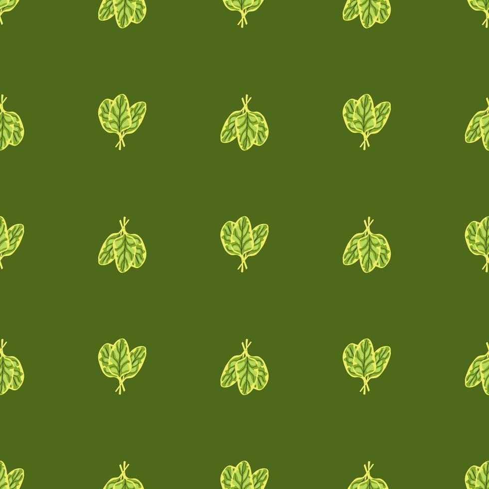 Seamless pattern bunch spinach salad on green background. Minimalistic ornament with lettuce. vector