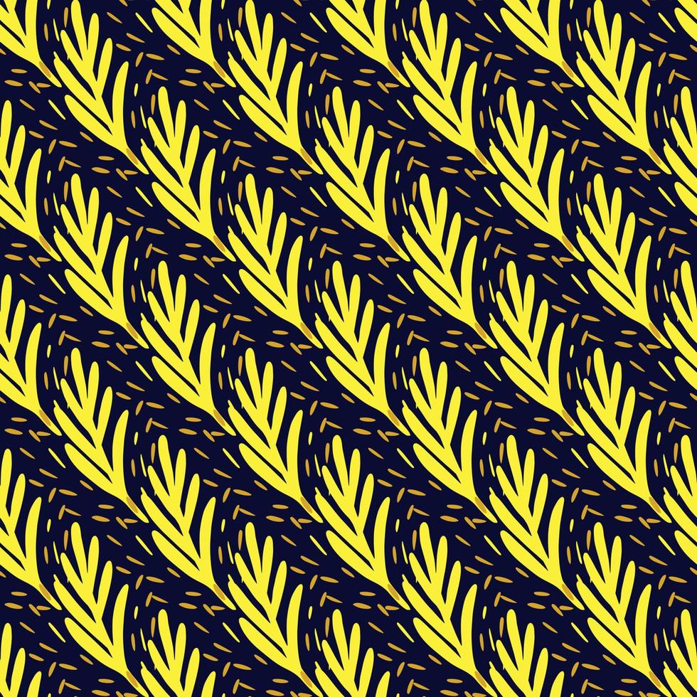 Seamless pattern leaf palm on black background. Vector foliage template in doodle style. Modern tropical texture.