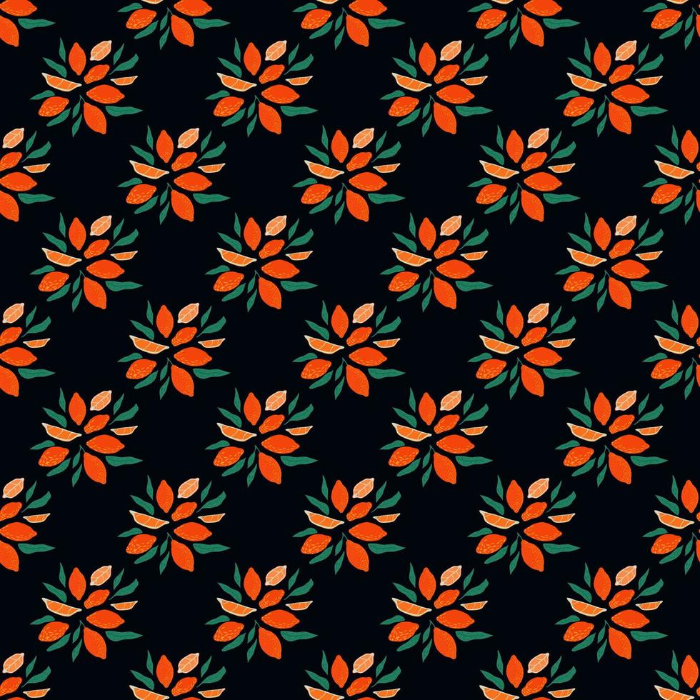 Summer seamless creative pattern with red lemon silhouettes and foliage. Black background. vector