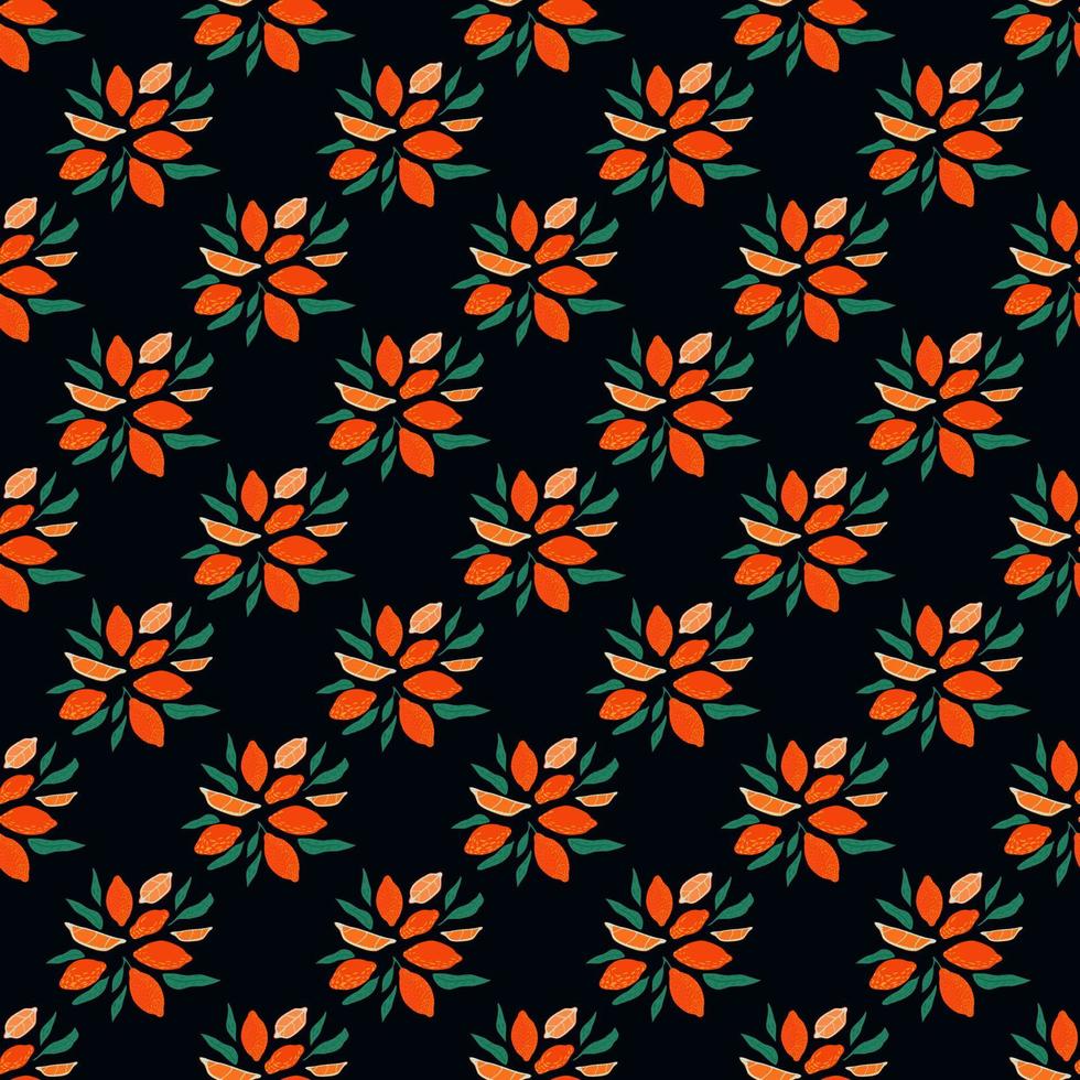 Summer seamless creative pattern with red lemon silhouettes and foliage. Black background. vector