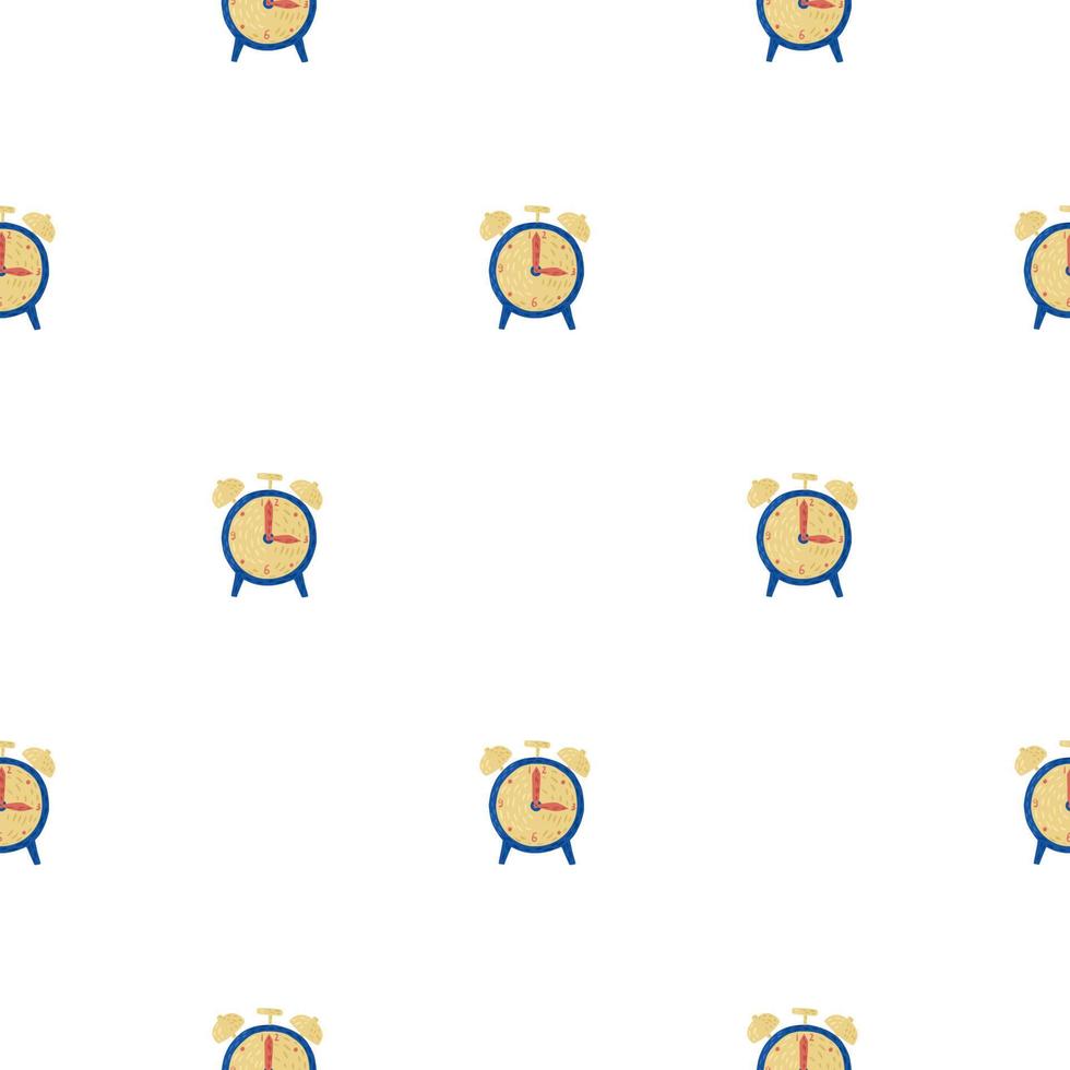 Isolated seamless doodle pattern with simple style alarm clock silhouettes. White background. Technology print. vector