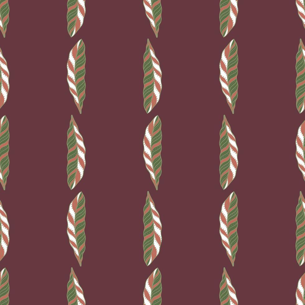 Hand drawn seamless pattern with decorative feather shapes. Pale maroon background. Bird elements. vector