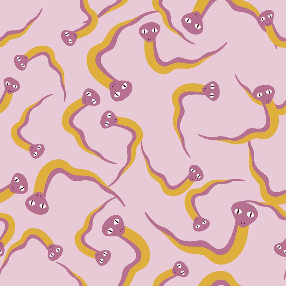 Reptilian seamless animal nature pattern with random orange snakes print. Light pink background. vector