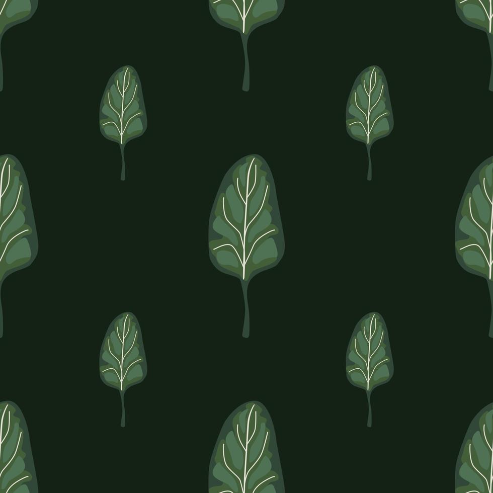 Seamless pattern Spinach salad on dark green background. Minimalistic ornament with lettuce. vector