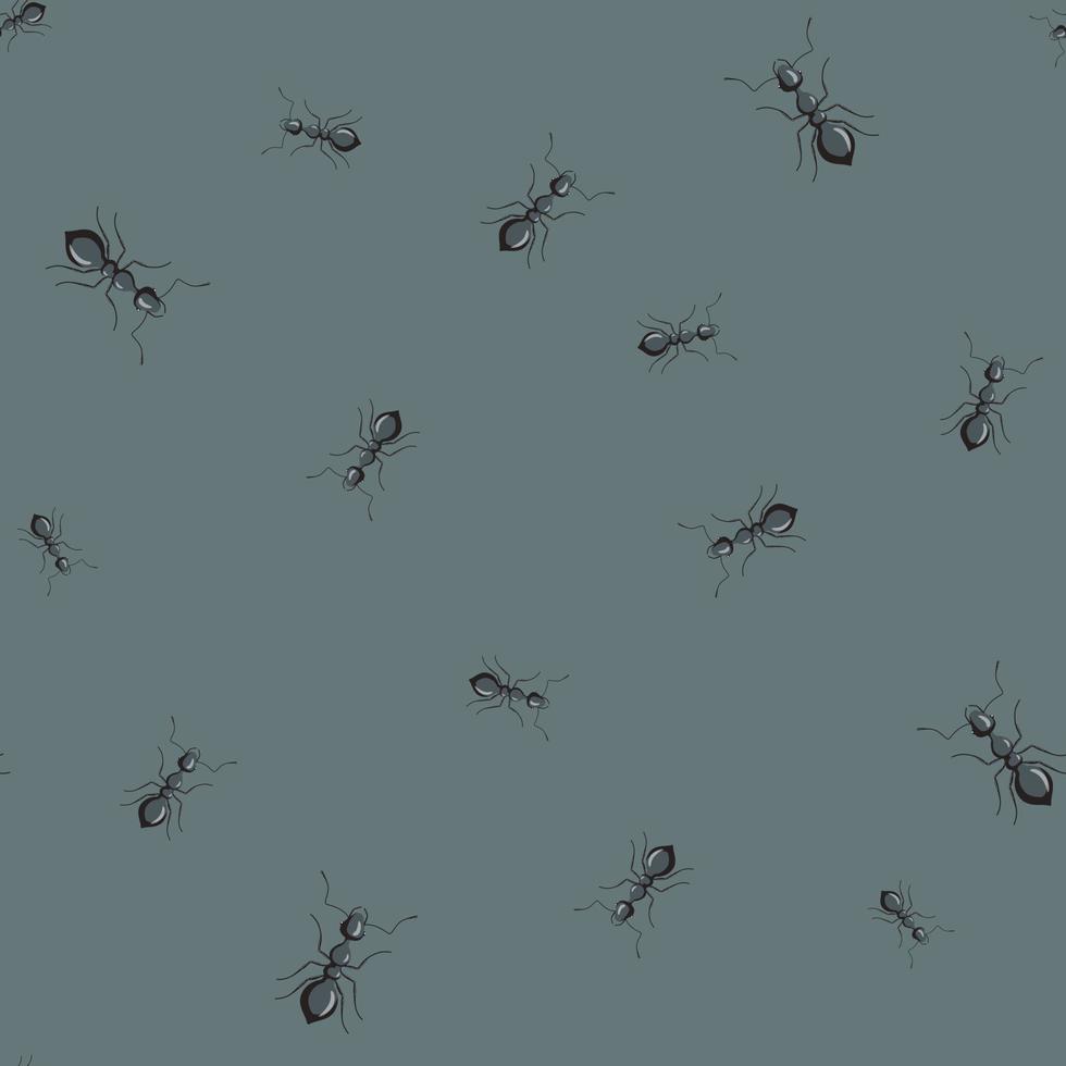 Seamless pattern colony ants on dark green background. Vector insects template in flat style for any purpose. Modern animals texture.