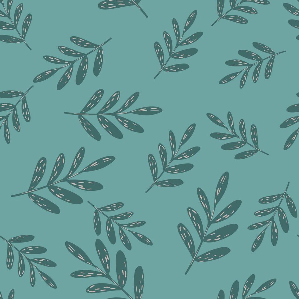 Seamless random pattern with simple floral branches. Blue pale background. Grey foliage ornament. vector