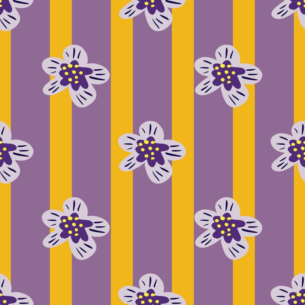 Spring seamless pattern with botanic hand drawn flowers. Striped purple and orange background. vector