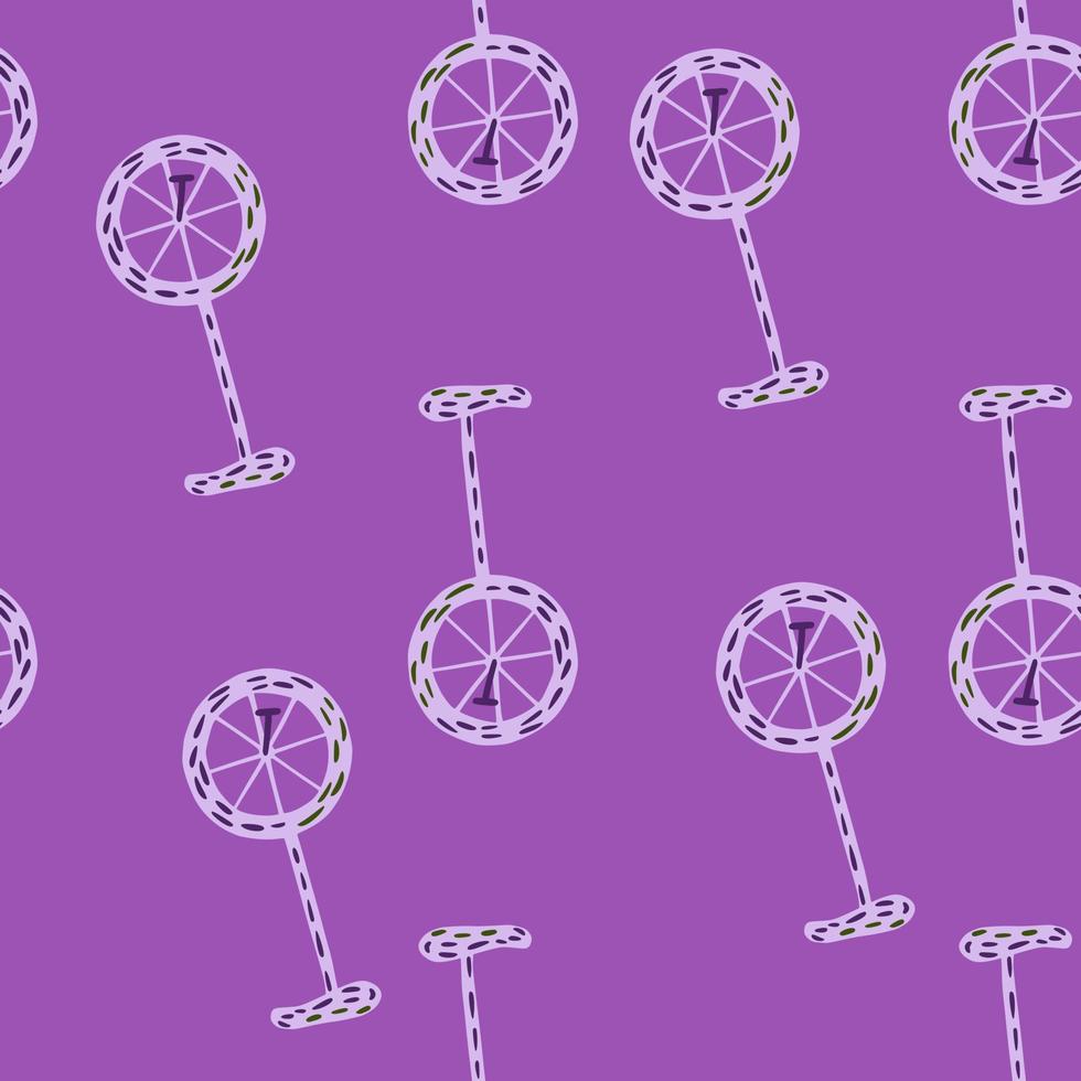 Minimalistic seamless pattern with doodle bicycle elements print. Purple background. Circus simple backdrop. vector