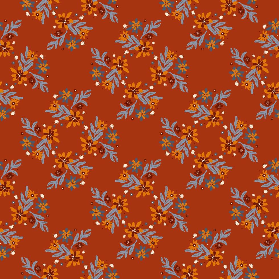 Creative seamless pattern with blue colored branches and flowers outline print on brick colored background. vector