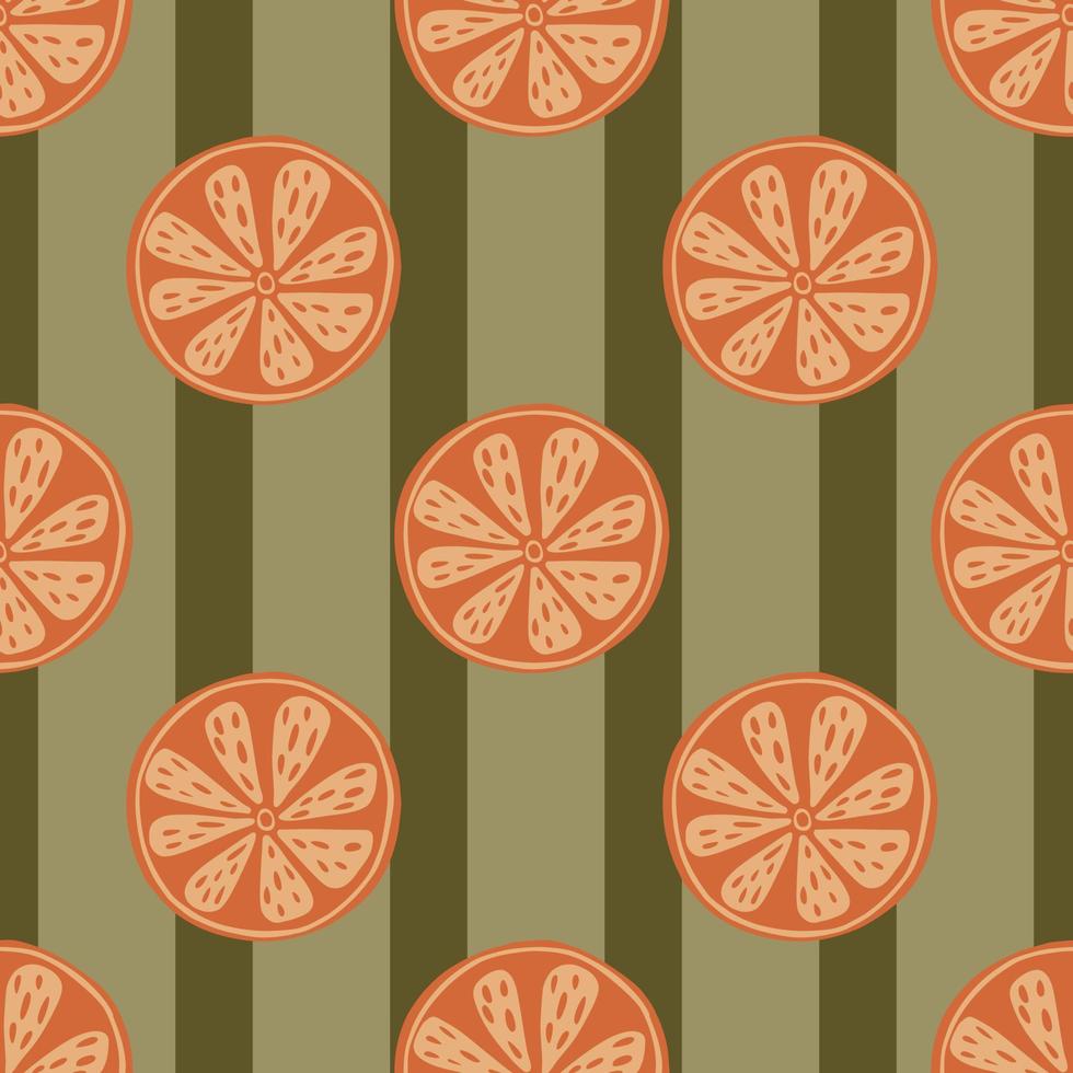 Orange slice seamless pattern in hand drawn style. Green striped background. Summer food backdrop. vector