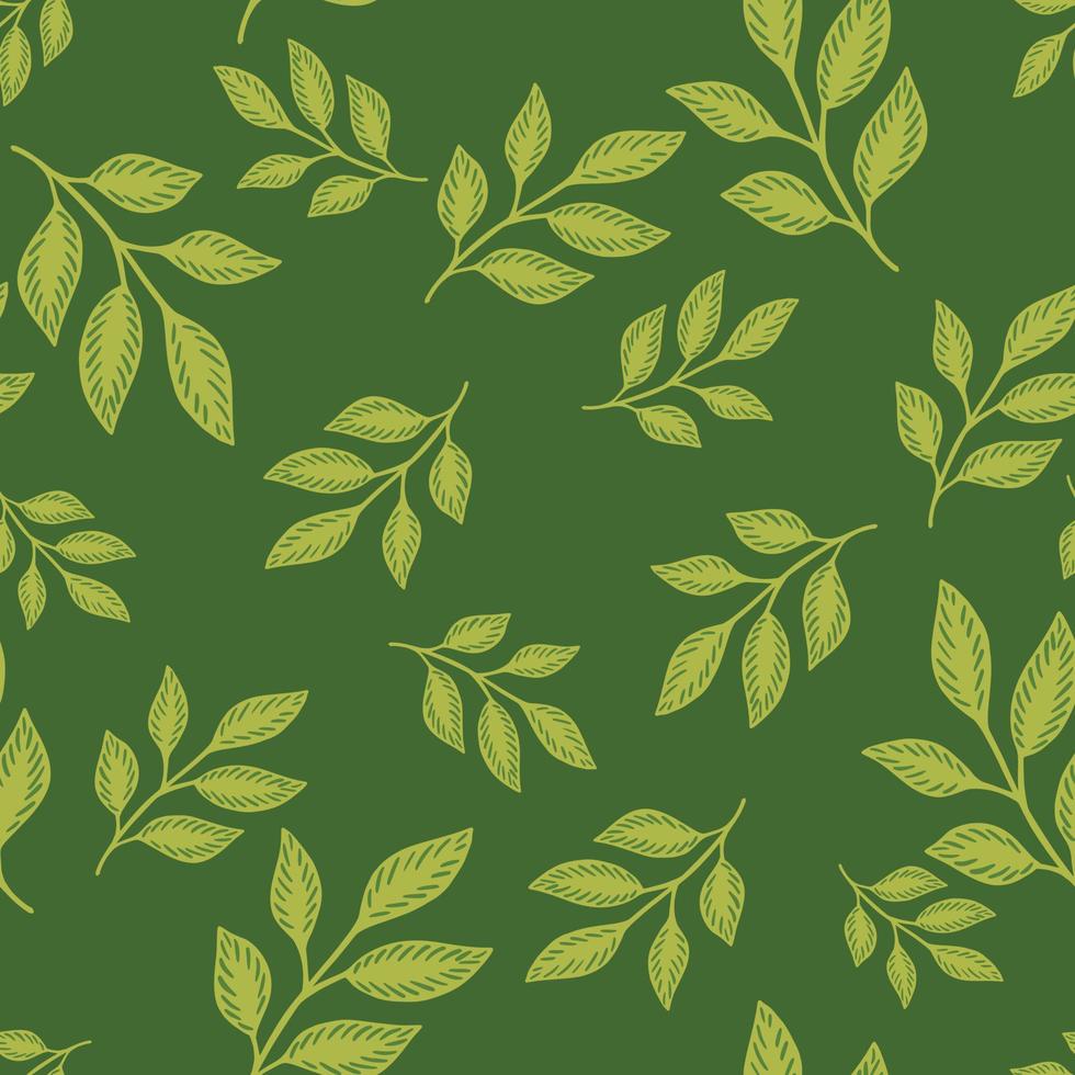 Herbal abstract seamless pattern with random leaf branches shapes. Green background. Foliage ornament. vector