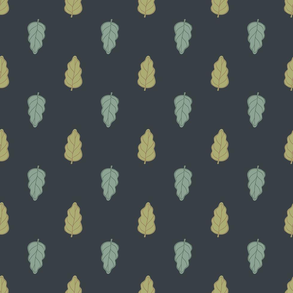 Green and blue contoured foliage oak leaf seamless pattern. Navy blue background. Simple style. vector