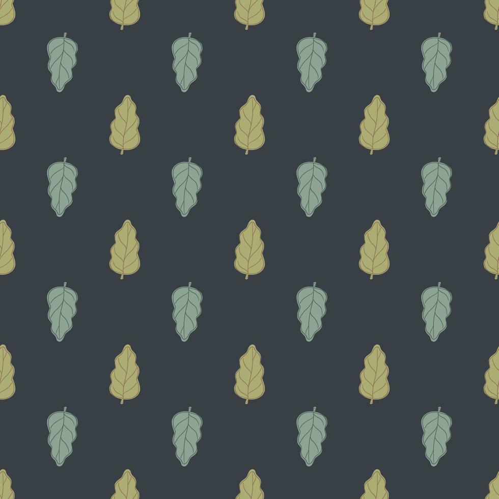 Green and blue contoured foliage oak leaf seamless pattern. Navy blue background. Simple style. vector