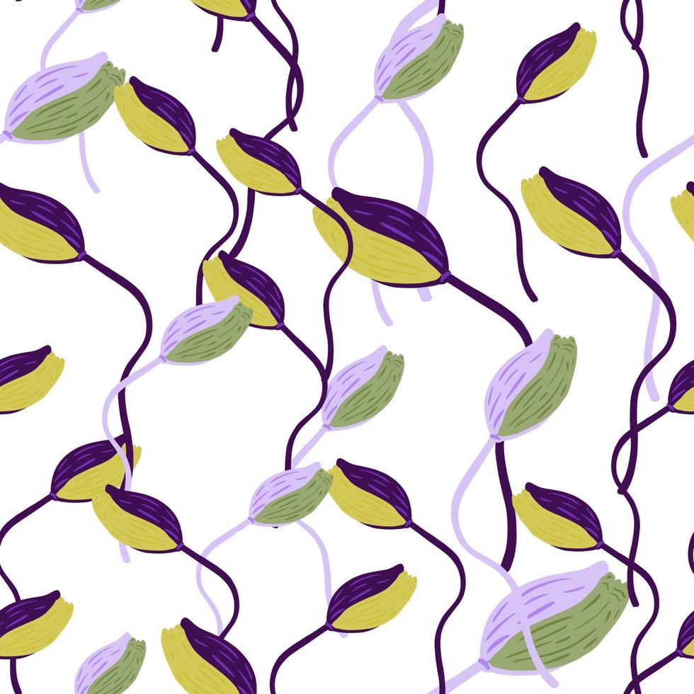 Spring seasonal seamless pattern with yellow, purple and green colored poppy buds flower ornament. Isolated print. vector