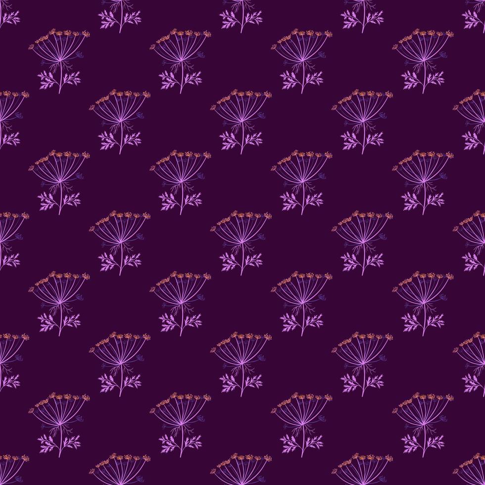 Bright purple yarrow seamless doodle pattern in hand drawn style. Dark background, Wild meadow backdrop. vector