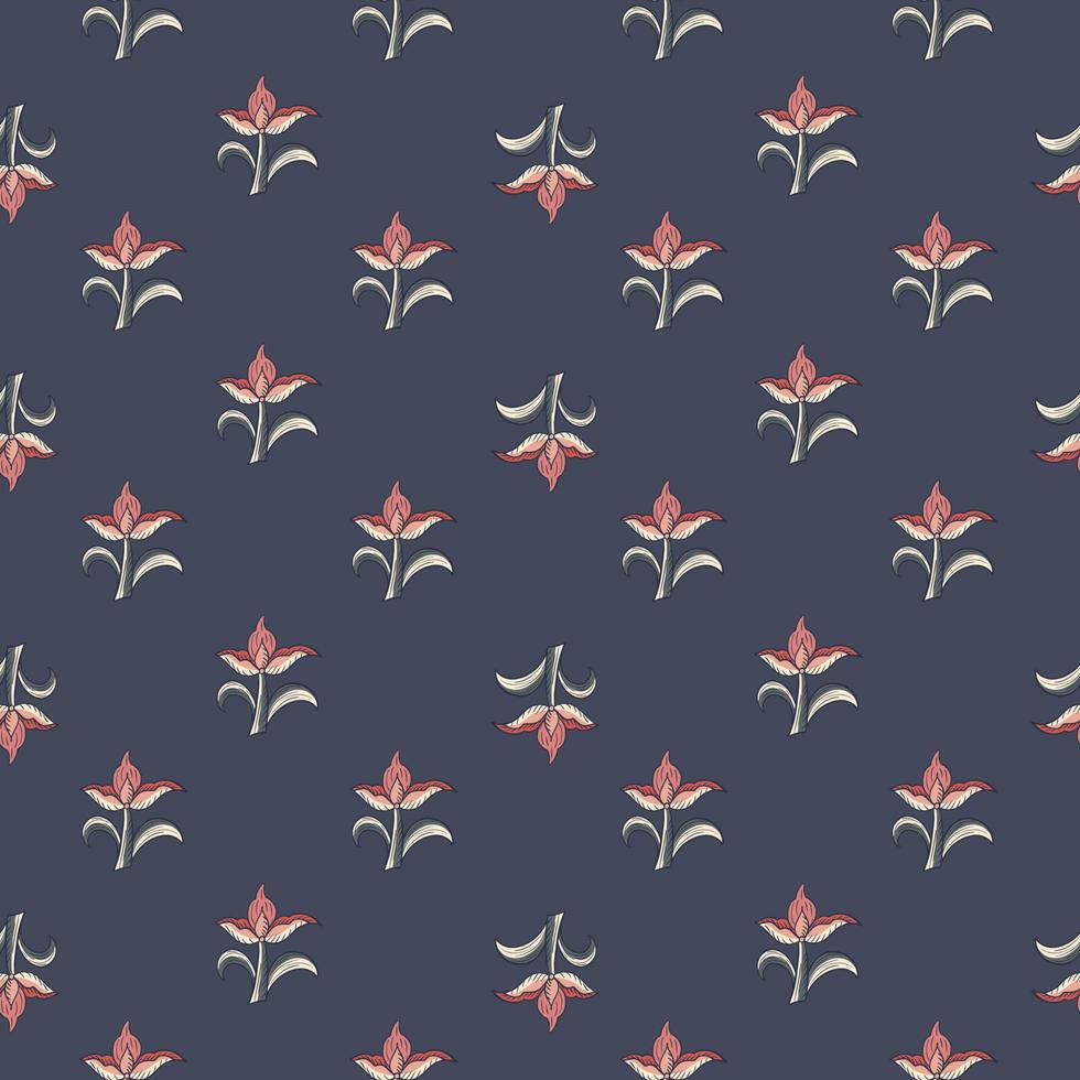 Pink little tulip flowers silhouettes seamless doodle pattern. Navy blue pale background. Botany backdrop. vector