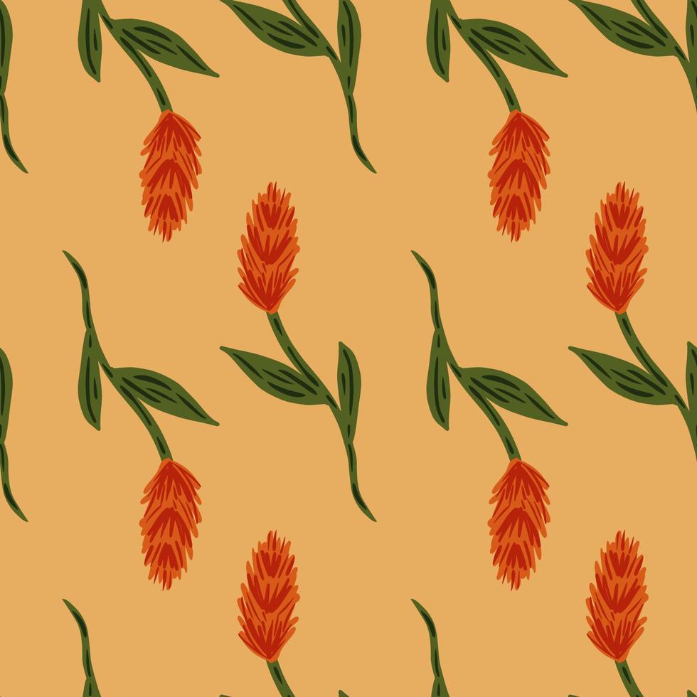 Simple style seamless farm pattern with red doodle ear of wheat ornament. Light pastel orange background. vector
