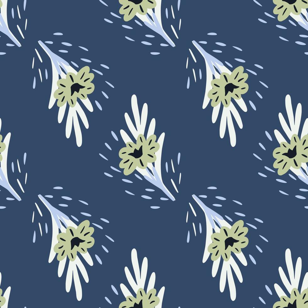 Seamless pattern with bouquets of small flowers on blue background. Vector floral template in doodle style. Gentle summer botanical texture.
