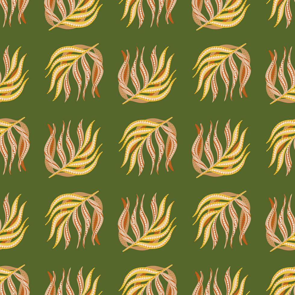 Doodle seamless pattern with palm leaf elements ornament. Green background. Tropical simple backdrop. vector