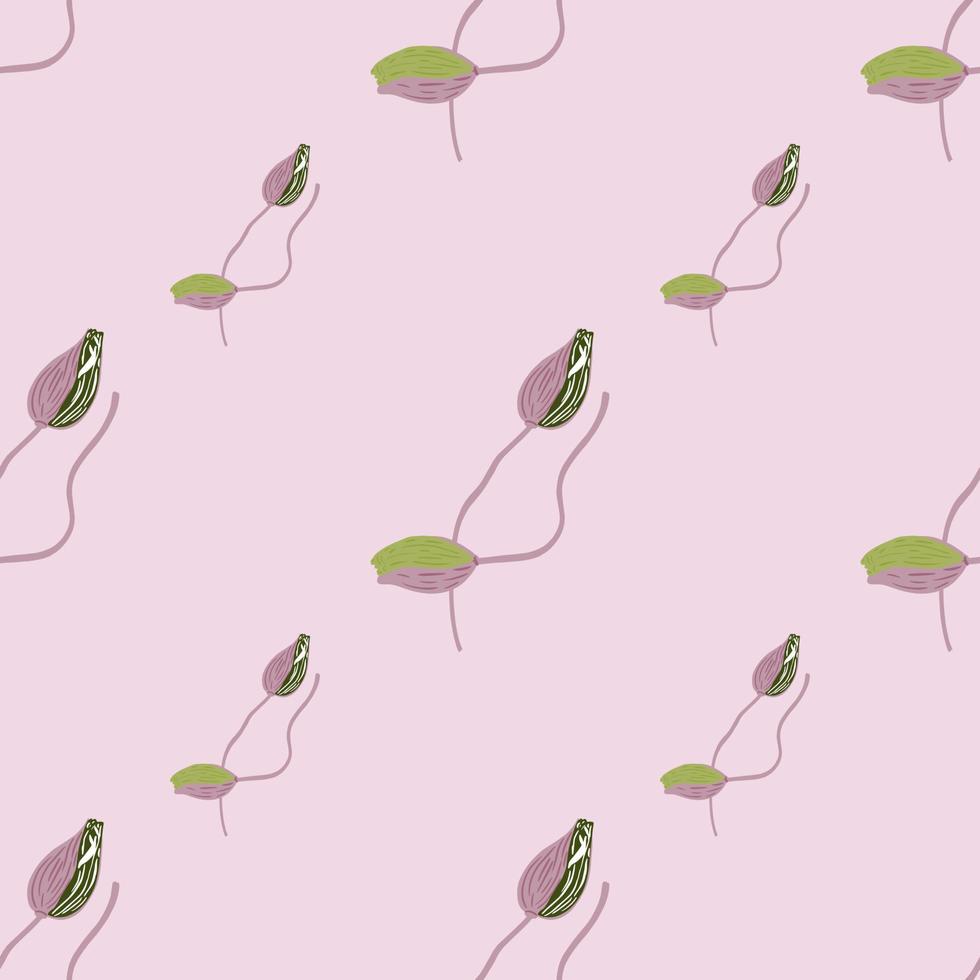Minimalistic style seamless pattern with diagonal poppy bud flowers shapes. Light pink background. Bloom print. vector