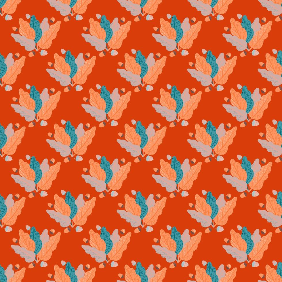 Hand drawn seamless pattern with blue leaf shapes. Bright red background. Vintage nature print. vector