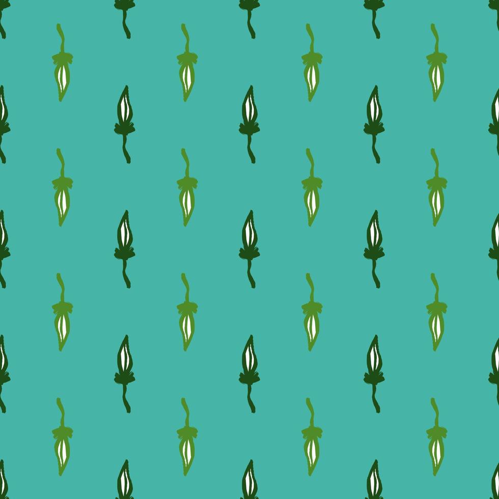 Natural seamless pattern with abstract green leaves elements. Bright blue background. Simple style. vector