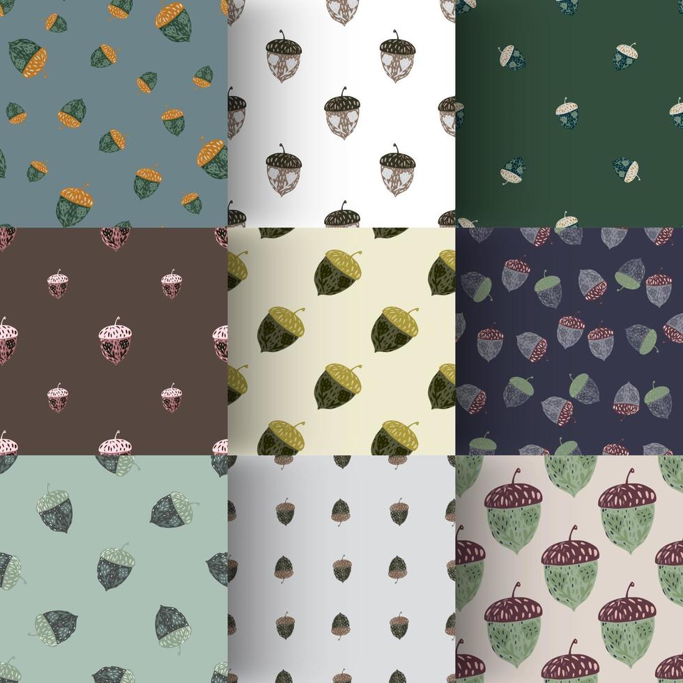 conjunto de patrones sin fisuras natue ornic con formas de bellota de bosque. colecciones de obras de arte decorativas. vector