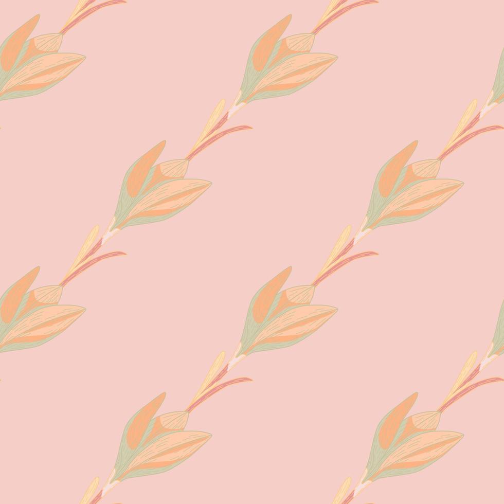 patrón floral minimalista sin costuras con estampado de flores de azafrán de contorno. telón de fondo de colores rosa y naranja. vector