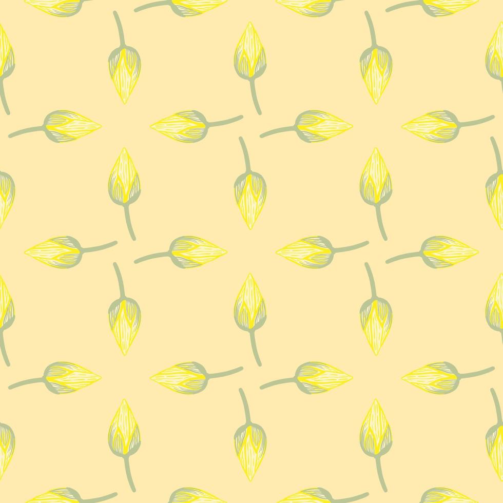 Seamless pattern in geometric nature style with lotus bud shapes. Yellow flowers ornament. Light orange background. vector