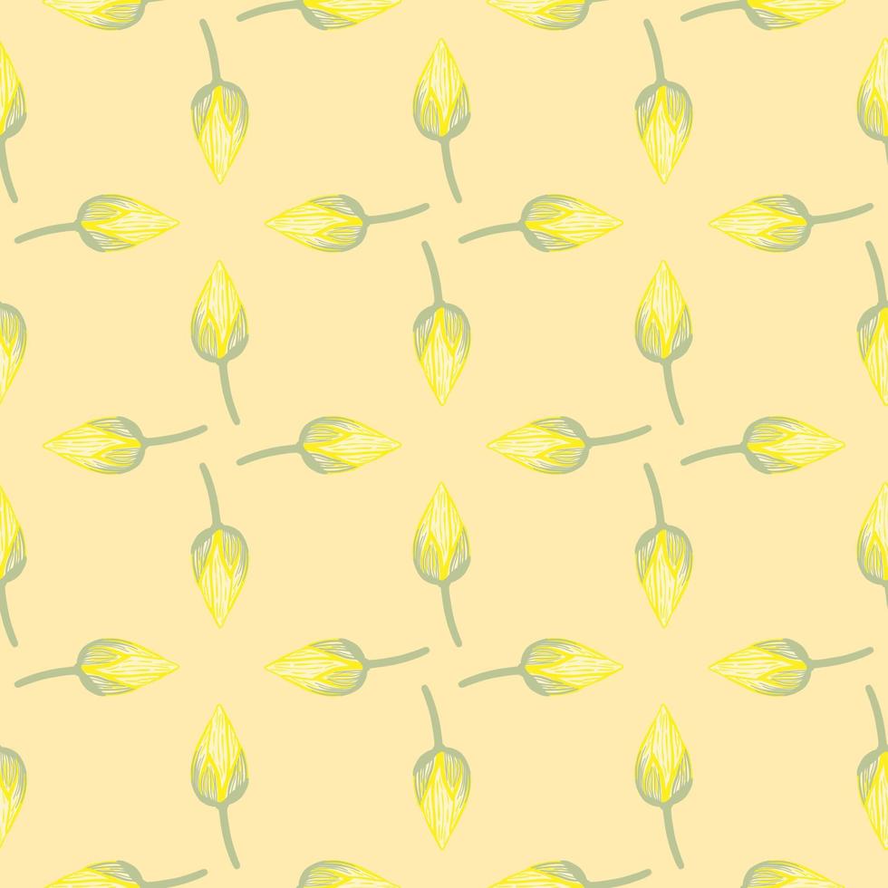 Seamless pattern in geometric nature style with lotus bud shapes. Yellow flowers ornament. Light orange background. vector