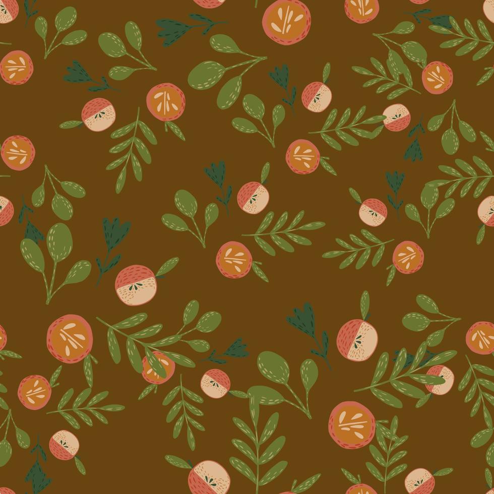 Autumn harvest seamless pattern with green leaves an orange apple print. Brown background. vector