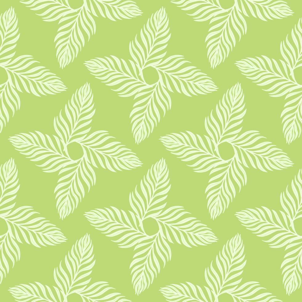 Geometric abstract ornamental seamless pattern with white fern foliage shapes. Light green background. vector