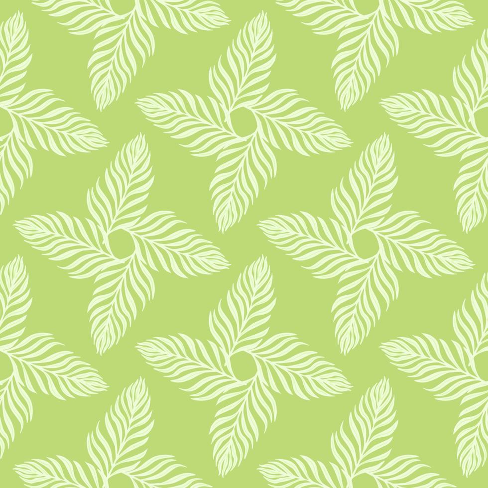 Geometric abstract ornamental seamless pattern with white fern foliage shapes. Light green background. vector