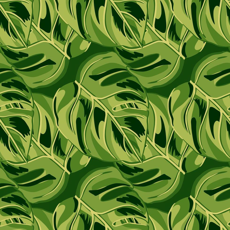 Tropical seamless pattern on green background. Abstract texture decoration with leaf monstera real color with dark spots. vector