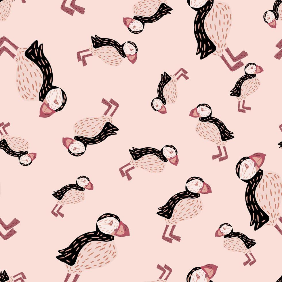 Seamless random pattern with doodle puffin bird hand drawn print. Pastel pink background. Doodle artwork. vector