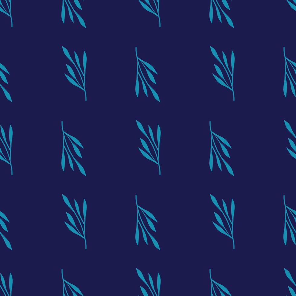 Botanic bright blue leaf silhouettes seamless doodle pattern. Navy blue background. Botany artwork. vector