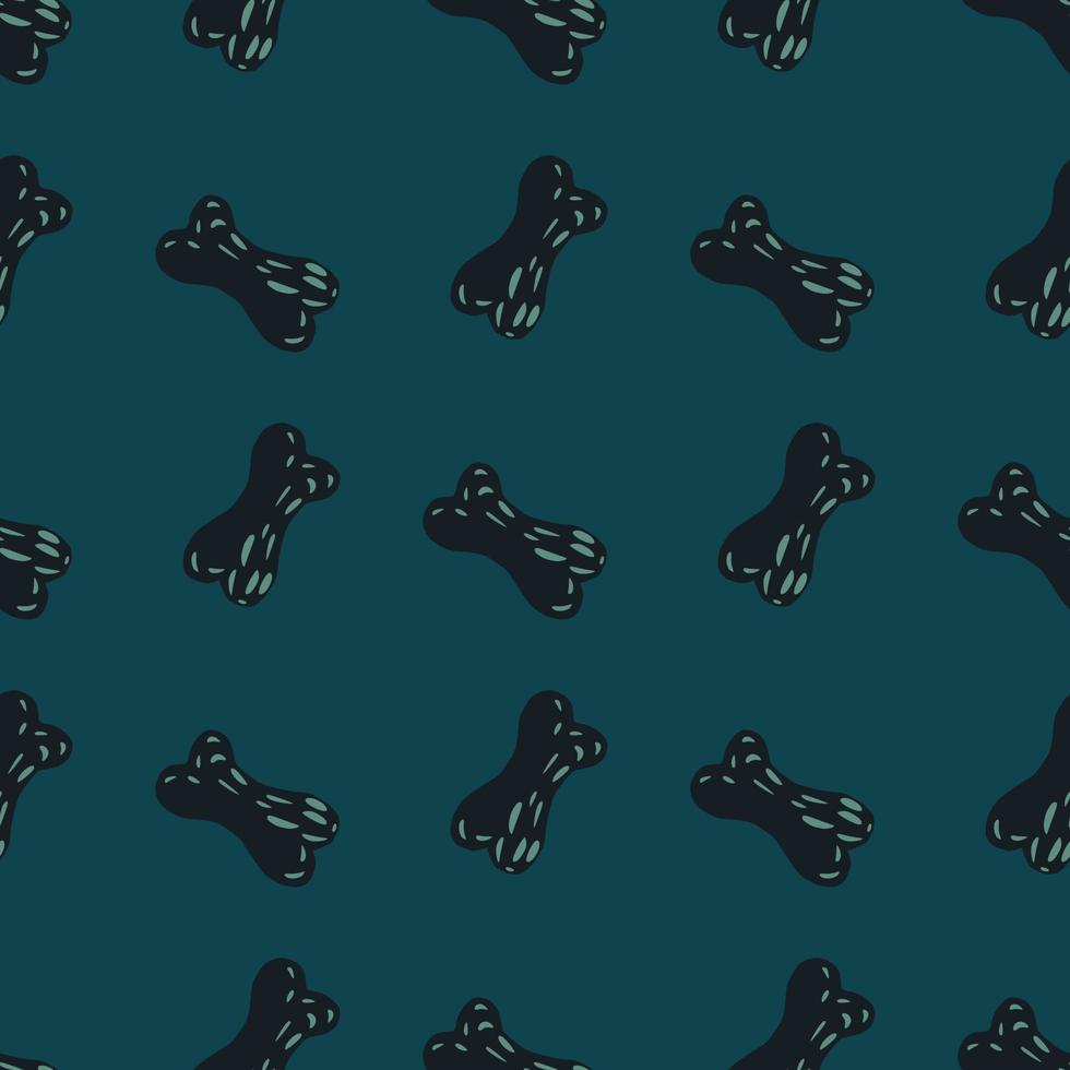siluetas de huesos dibujados a mano negra patrón animal sin costuras. merienda de comida para perros sobre fondo turquesa oscuro. vector
