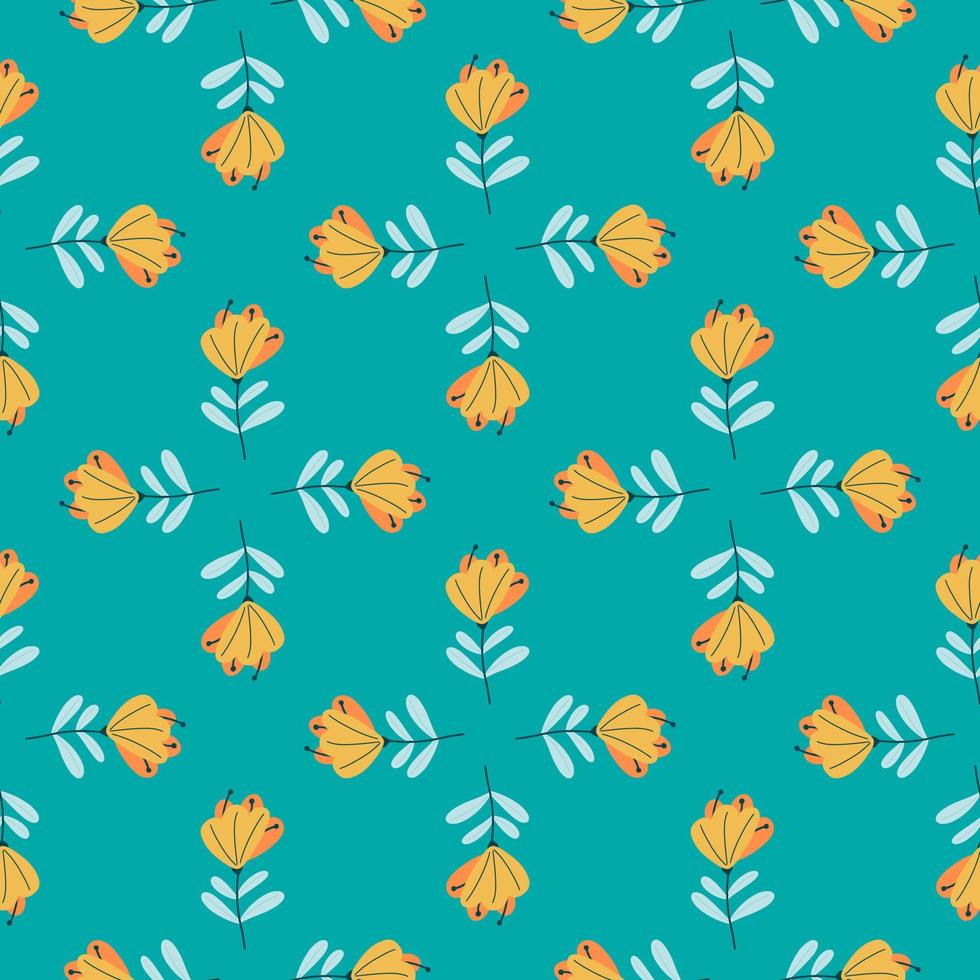 Bright orange flowers simple silhouettes seamless pattern in doodle style. Blue background. Geometric print. vector