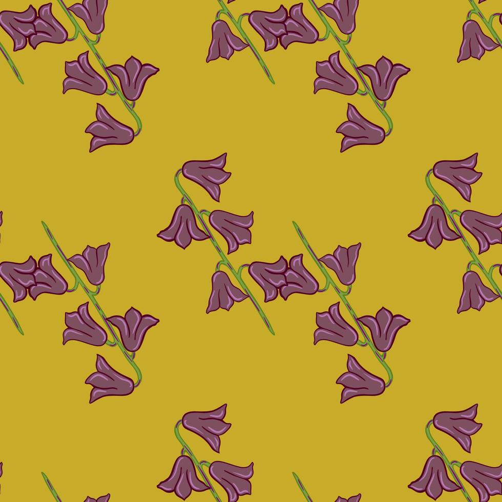 Hand drawn seamless pattern with purple diagonal bell flowers shapes. Yellow pale background. Simple style. vector