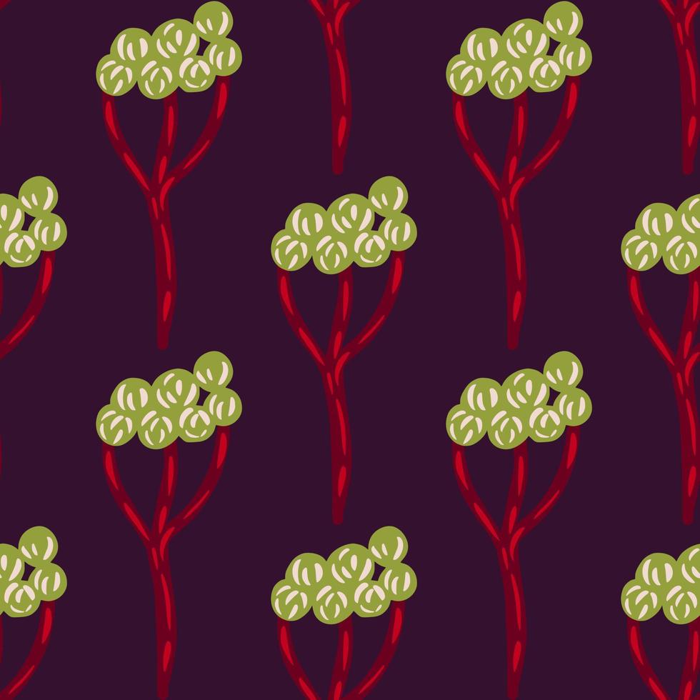Abstract green yarrow elements seamless pattern. Dark purple background. Decorative meadow plants print. vector