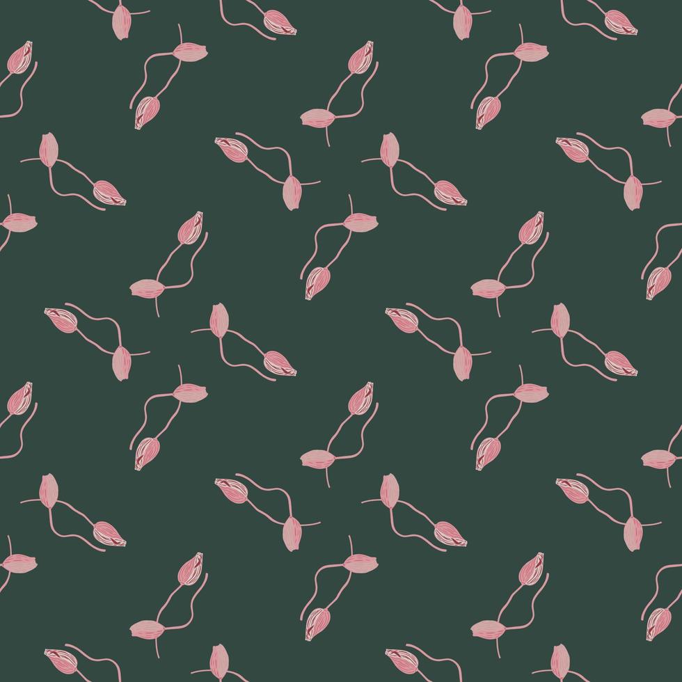 Geometric style seamless pattern with pink little abstract poppy buds print. Dark green- turquoise background. vector