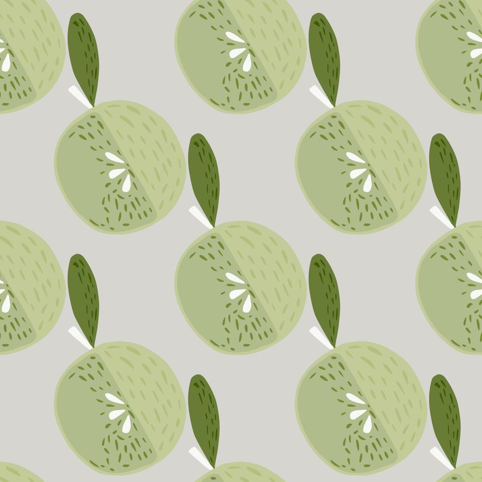 Pastel fruit seamless pattern with apple print. Doodle green soft elements on light blue background. vector