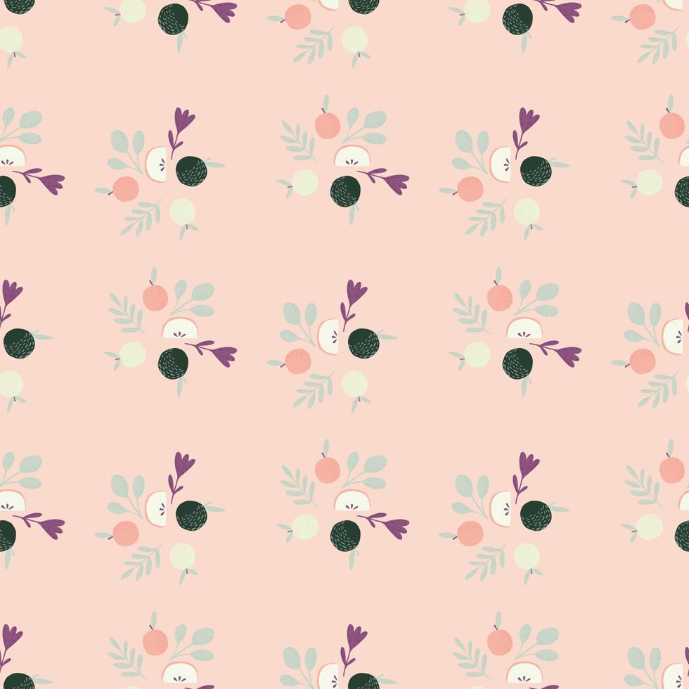 Cartoon summer seamless pattern with simple apple silhouettes and leaves ornament. Pink background. vector