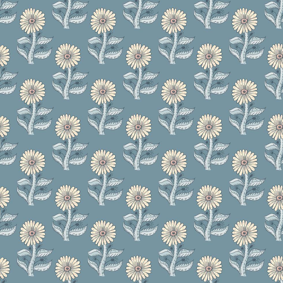 Decorative seamless pattern with simple style sunflowers print. Blue bright background. Bloom backdrop. vector